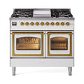 ILVE 40-Inch Nostalgie II Noblesse Natural Gas Dual Fuel Range with Triple Glass Door Oven in White with Brass Trim (UND40FNMPWHG)