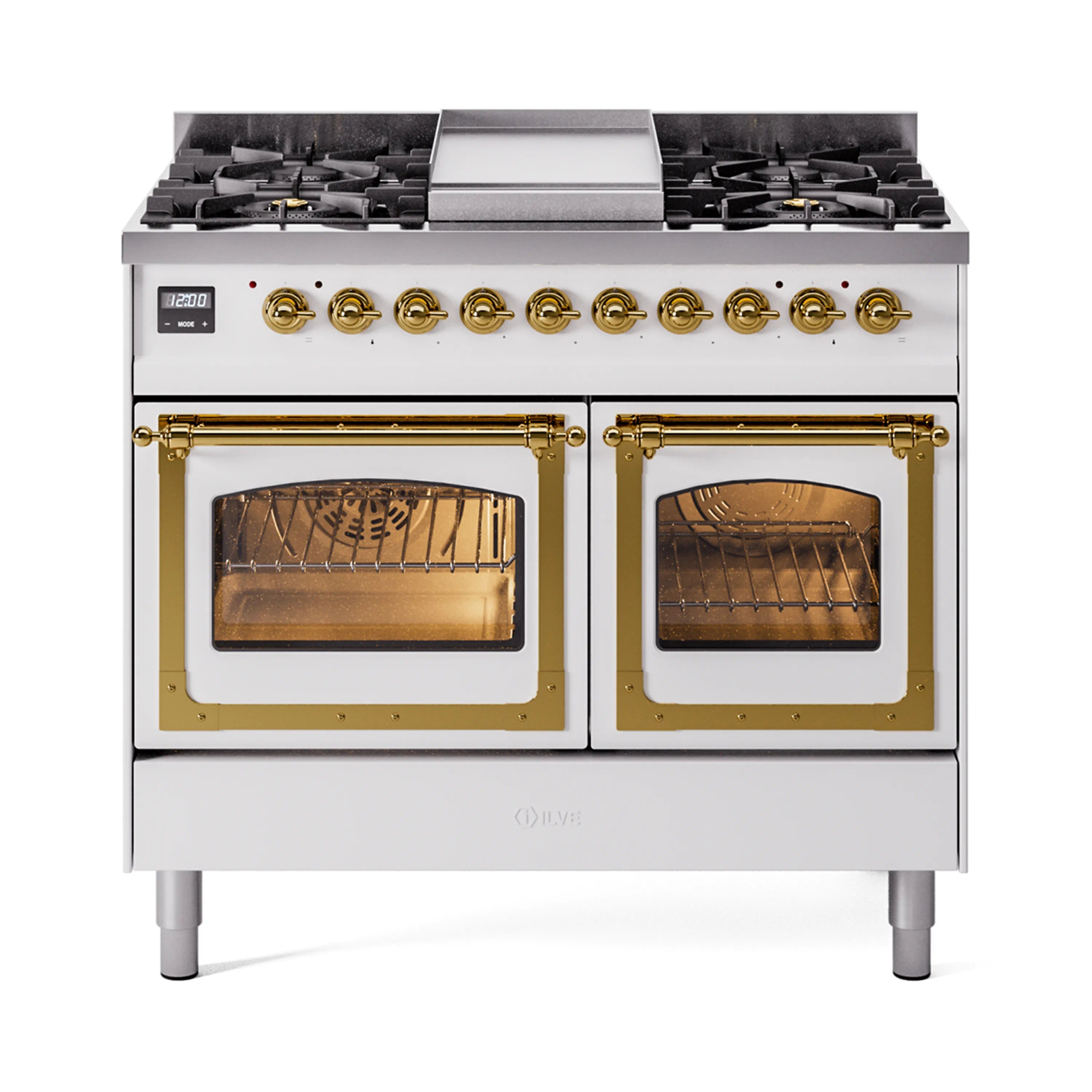 White dual fuel range with brass trim, triple-glass oven doors, and six-burner cooktop.