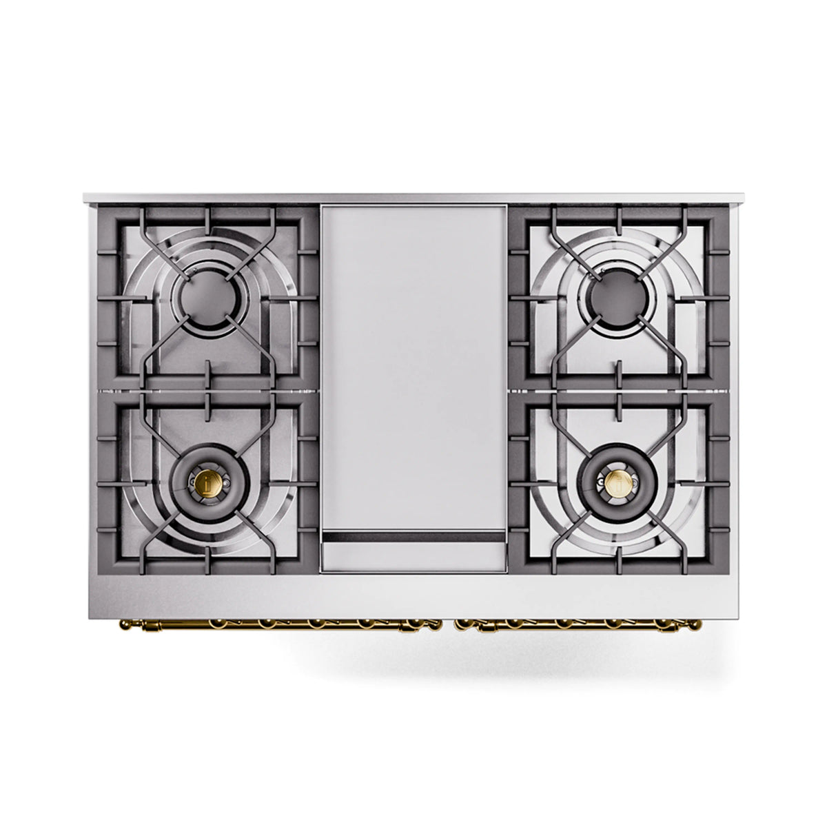 White dual fuel gas range bottom section with integrated cooktop burner grates