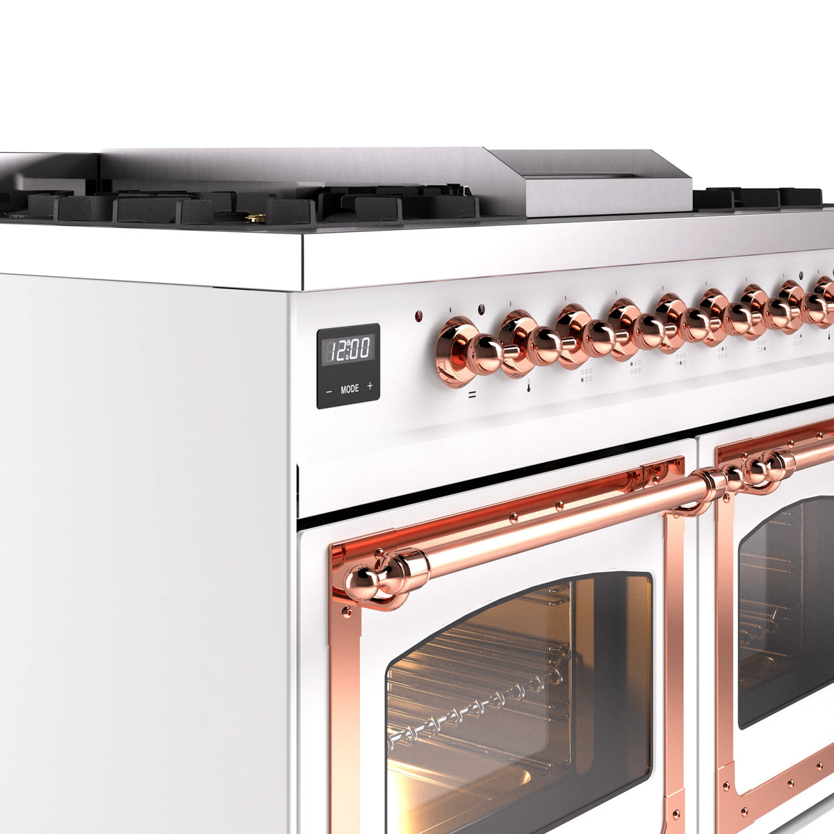 White ILVE range front with copper control knobs and oven door handle detail.