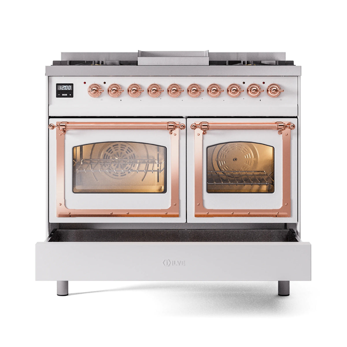 White dual fuel range with twin copper-trimmed glass oven doors and front control knobs