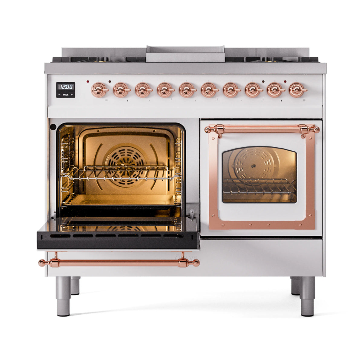 White dual fuel range with copper-trimmed ovens, one glass door open to show racks