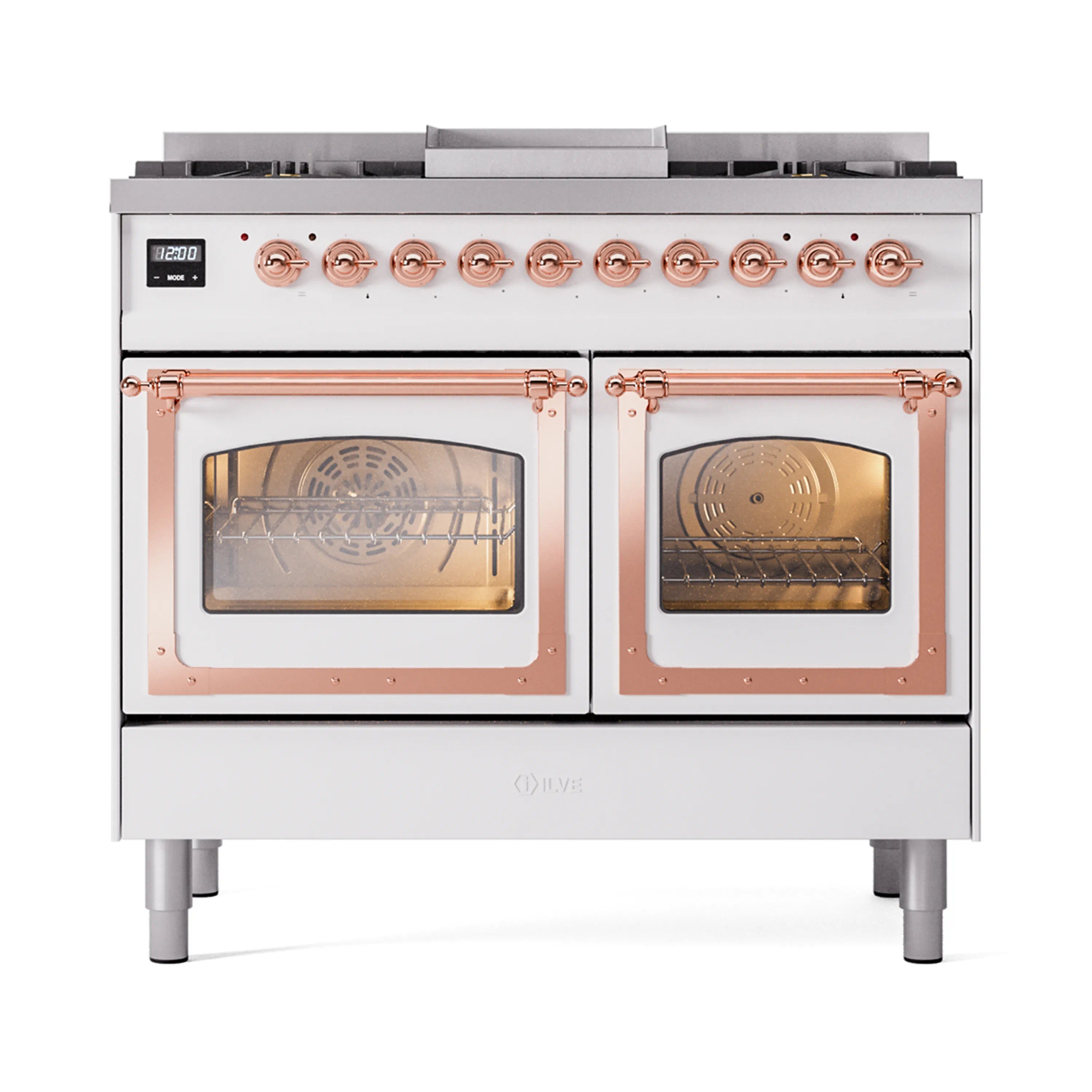 White ILVE dual fuel range with copper control knobs and two oven doors, glass front.