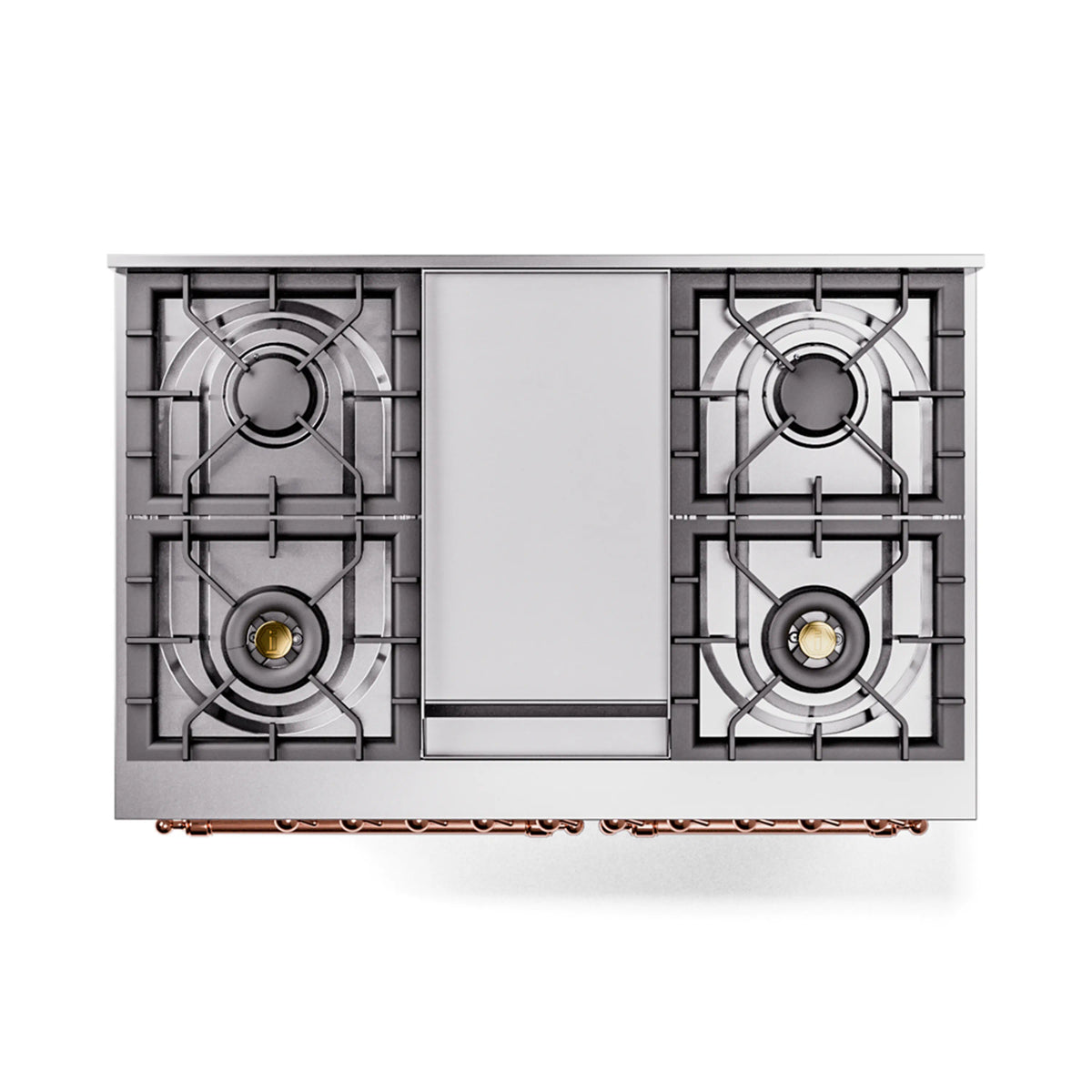 White dual fuel range cooktop with four gas burner grates and burner caps