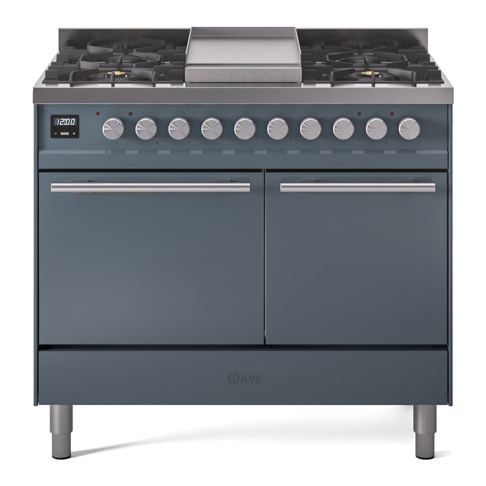 ILVE dual fuel range in blue-grey, with dual oven doors and top gas burners