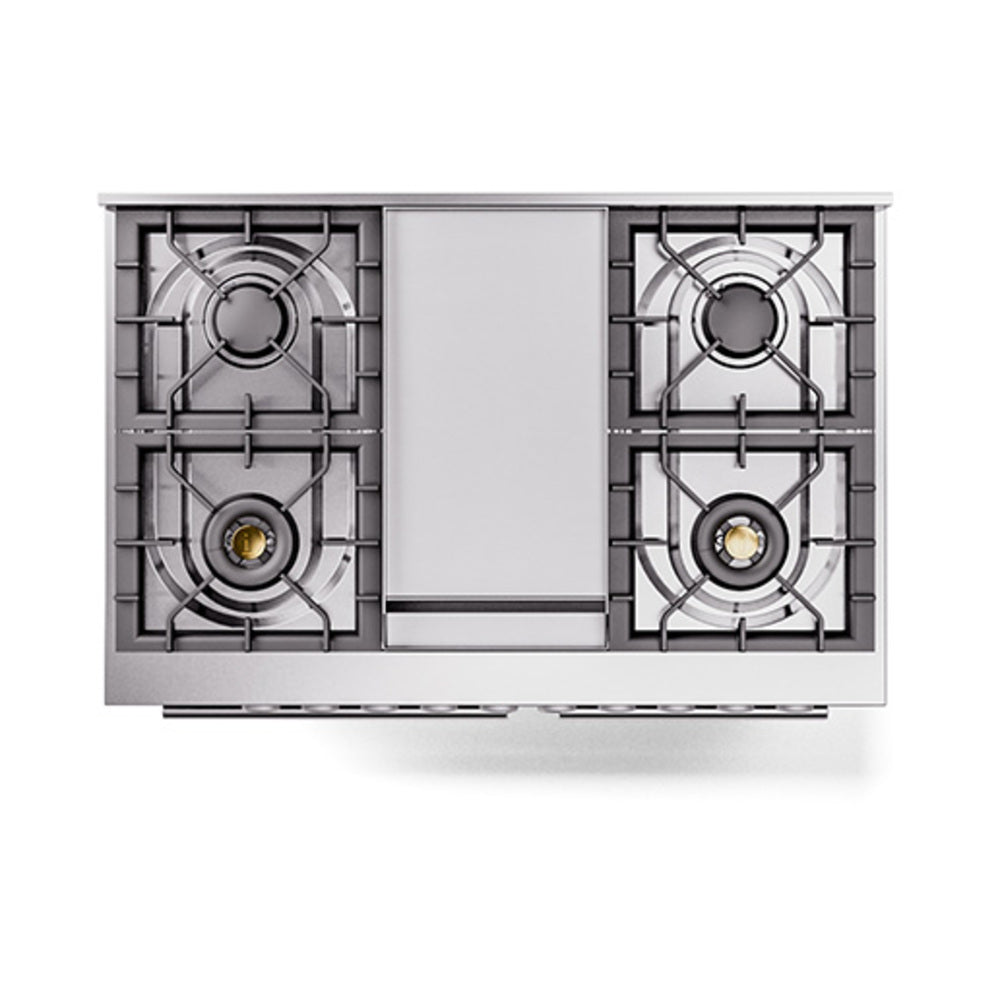 ILVE dual fuel range cooktop with four burner grates and center control panel