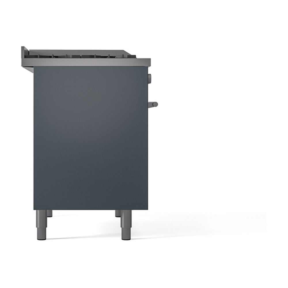 ILVE dual fuel range side view with blue-grey solid oven door