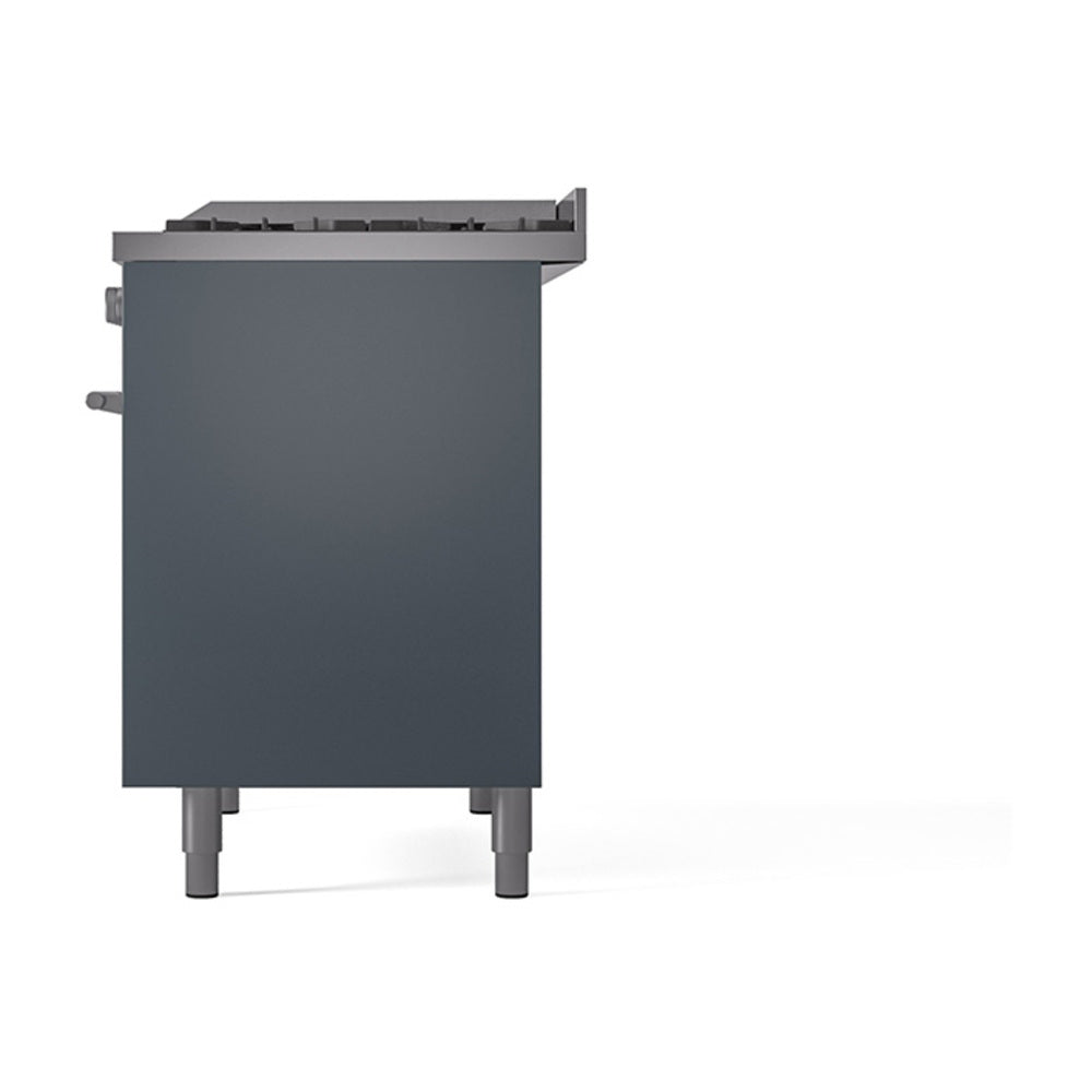 ILVE dual fuel range back view with blue-grey solid panel and leveling legs