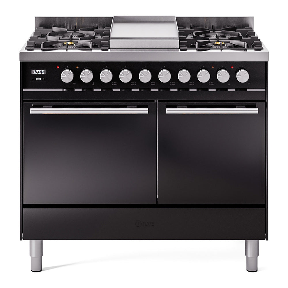 ILVE glossy black dual-fuel gas range with two ovens and control knobs