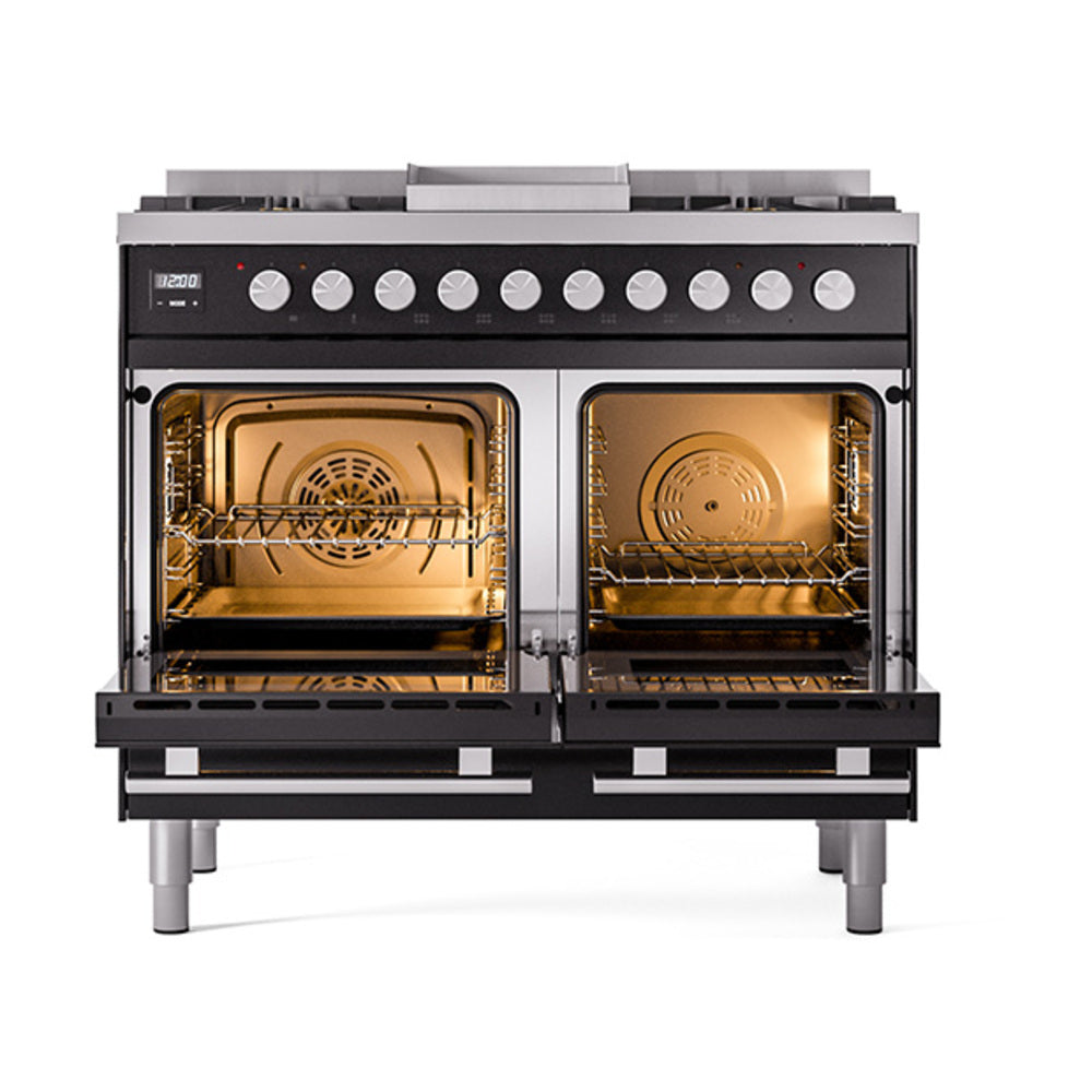 Dual-fuel gas range with both oven doors open, showing racks and burner interiors