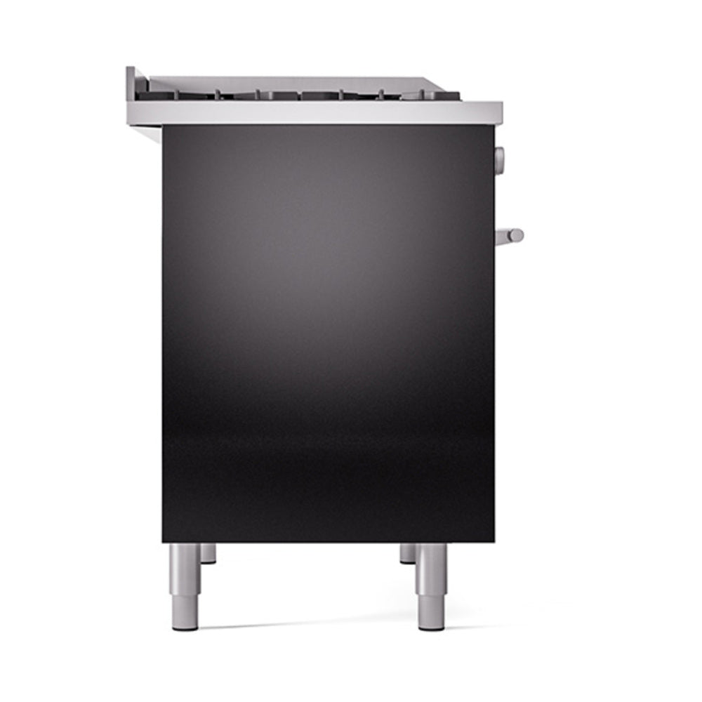 Solid black oven door and matching side burner controls on a dual fuel range