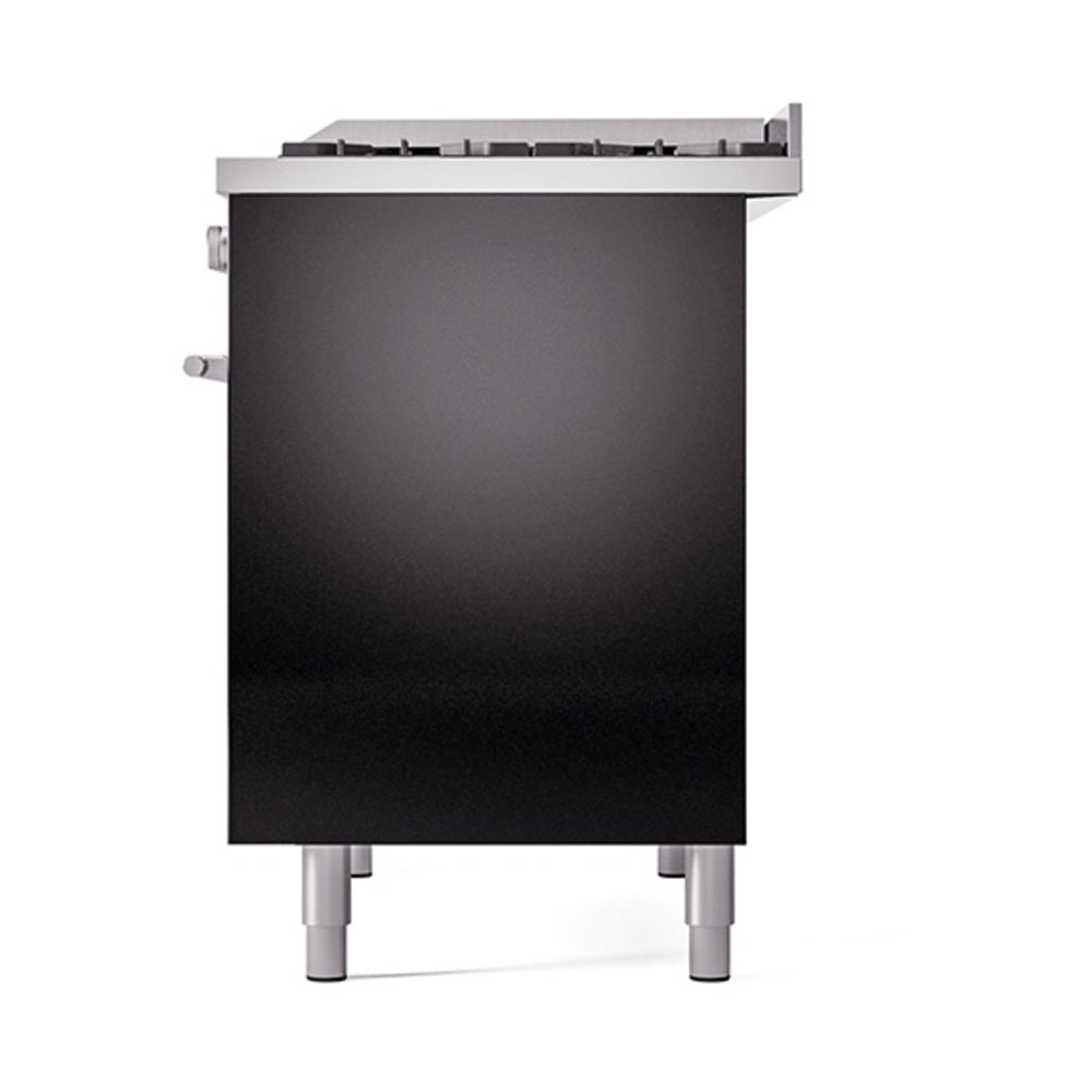 Solid black oven door with rear-side burner controls on a dual fuel range