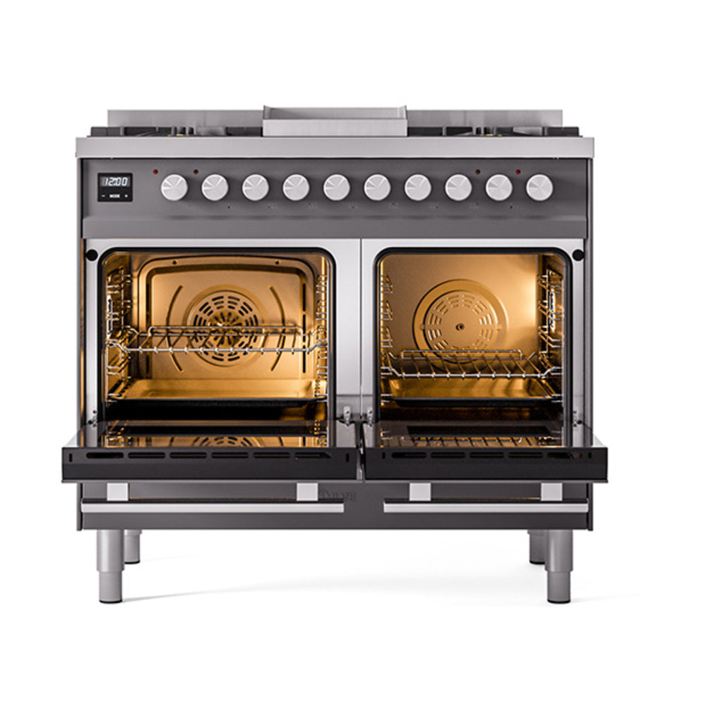 Matte graphite dual fuel range with both oven doors open and control knobs