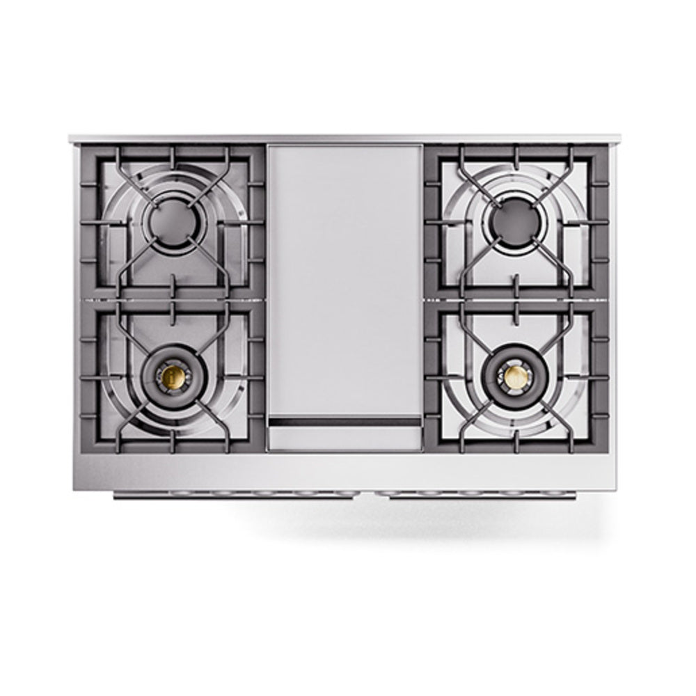 Dual fuel range top with four gas burners and central griddle grates