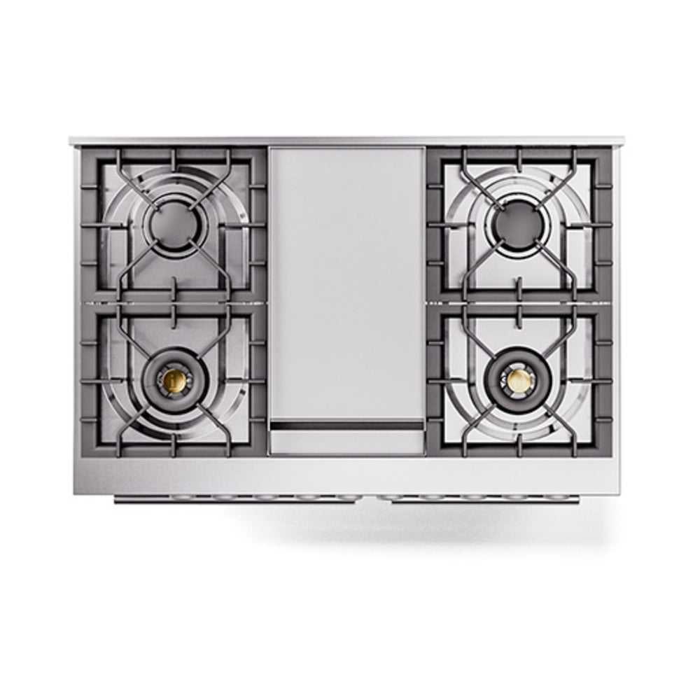 Stainless steel cooktop with four gas burner grates and a central griddle panel