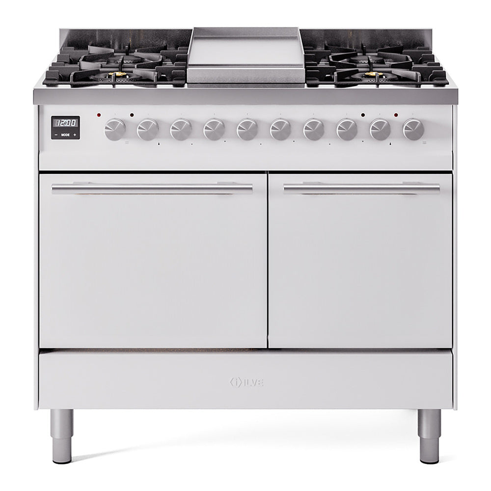 White dual-fuel range with burner grates, control knobs, and two solid oven doors.