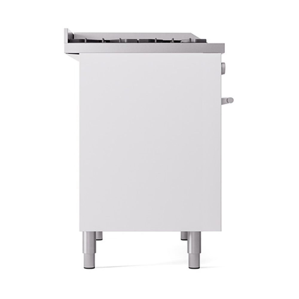 White professional gas range back panel with raised backguard and support legs
