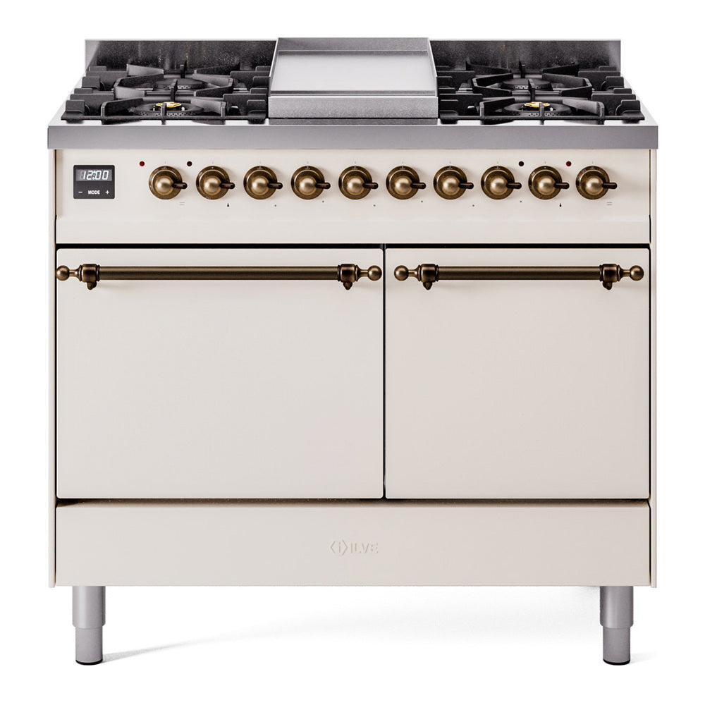 Antique white dual-fuel range with bronze knobs, 6 burners, and griddle top