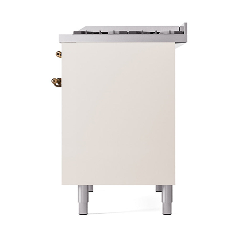 Antique white solid door oven side view with bronze trim and four legs