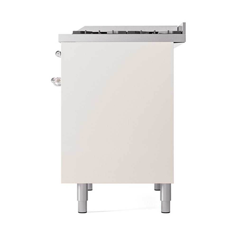 Antique white range front panel with chrome handles and leveling feet, dual fuel range