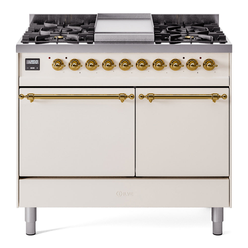 Antique white dual fuel gas range with brass knobs, griddle, and six burners