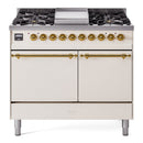 ILVE 40-Inch Nostalgie II Propane Gas Dual Fuel Range with 6 Burners, Griddle and Solid Door Oven in Antique White with Brass Trim (UPD40FQNMPAWGLP)