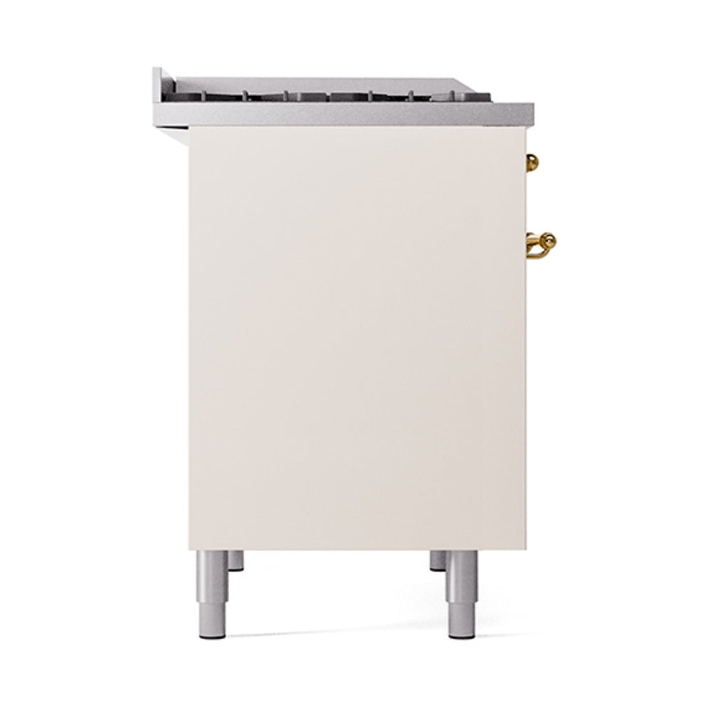 Antique white side of dual fuel gas range with brass handle and gray support legs