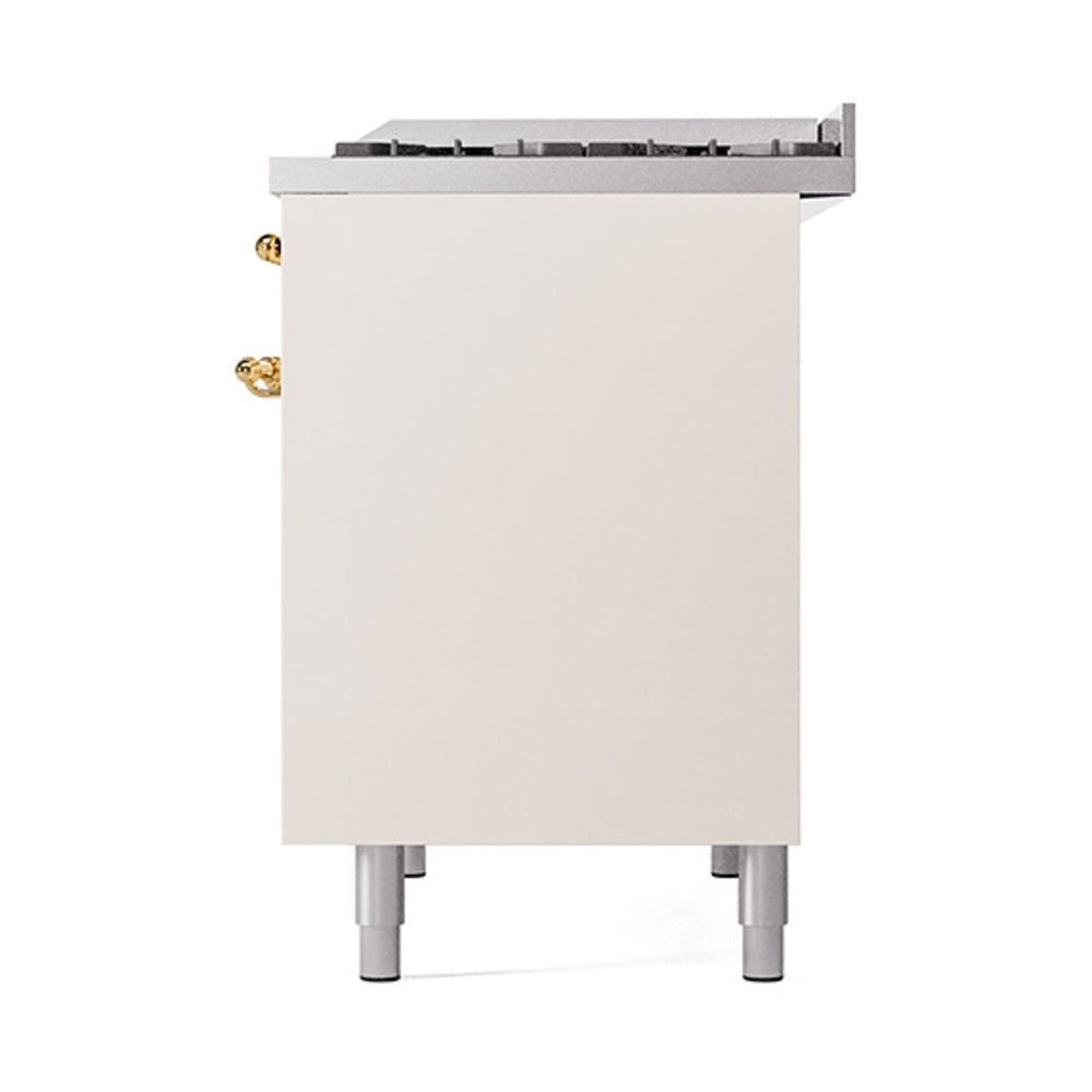 Antique white panel of dual fuel gas range with brass fittings and gray support legs