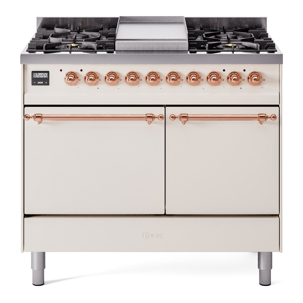 Antique white gas range with copper trim, 6 burners, griddle, and dual fuel oven doors