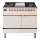 ILVE 40-Inch Nostalgie II Natural Gas Dual Fuel Range with 6 Burners, Griddle and Solid Door Oven in Antique White with Copper Trim (UPD40FQNMPAWP)