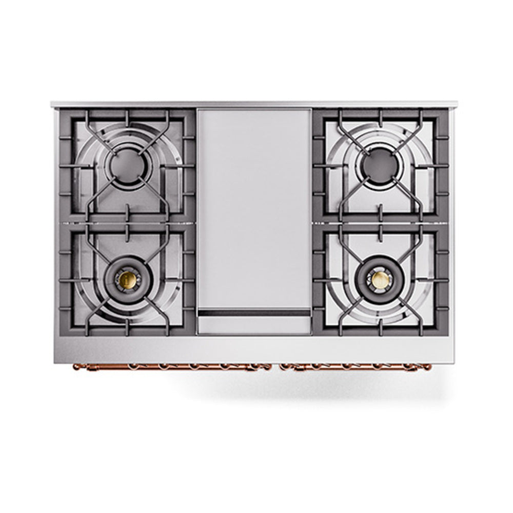 Antique white dual fuel range with copper trim, front view with burner grates and closed door