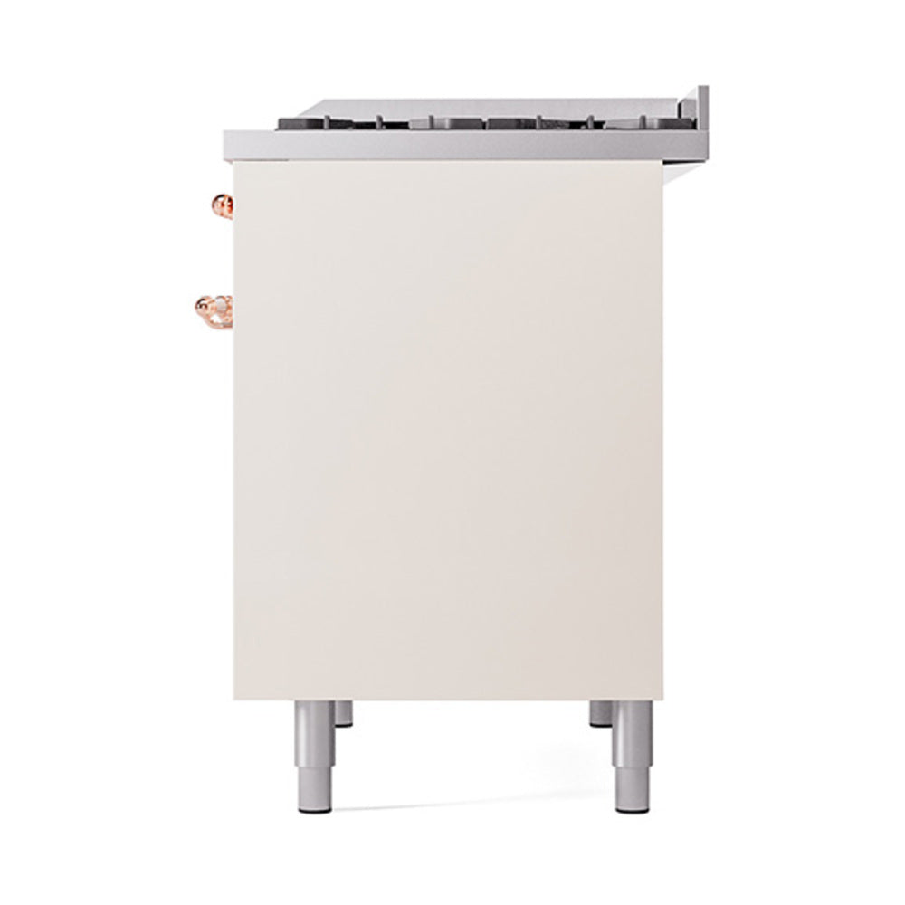 Antique white side view of dual fuel range with copper trim and four leveling legs