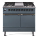 ILVE 40-Inch Nostalgie II Natural Gas Dual Fuel Range with 6 Burners, Griddle and Solid Door Oven in Blue Grey with Bronze Trim (UPD40FQNMPBGB)