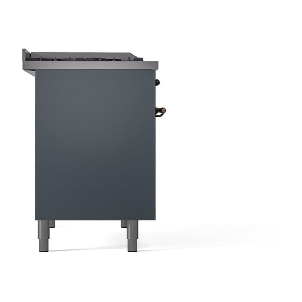 ILVE dual fuel range side view with solid oven door panel, blue-grey finish, bronze handle accents