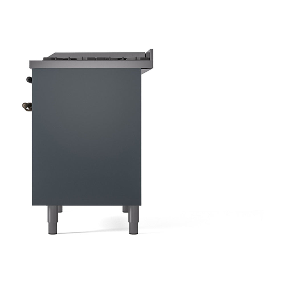 ILVE dual fuel range side view with solid oven door panel, blue-grey finish