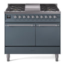 ILVE 40-Inch Nostalgie II Natural Gas Dual Fuel Range with 6 Burners, Griddle and Solid Door Oven in Blue Grey with Chrome Trim (UPD40FQNMPBGC)