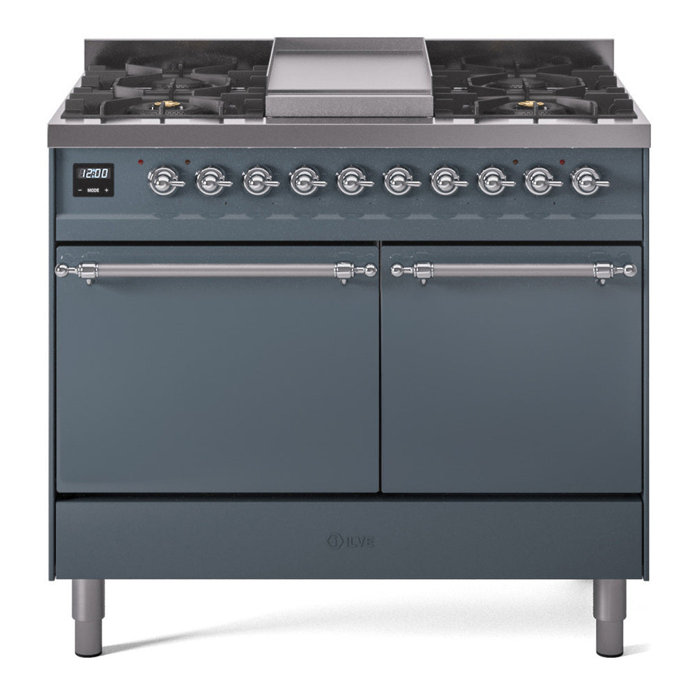 Blue-grey dual fuel range with chrome trim, 6 gas burners and griddle