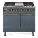 ILVE 40-Inch Nostalgie II Natural Gas Dual Fuel Range with 6 Burners, Griddle and Solid Door Oven in Blue Grey with Brass Trim (UPD40FQNMPBGG)