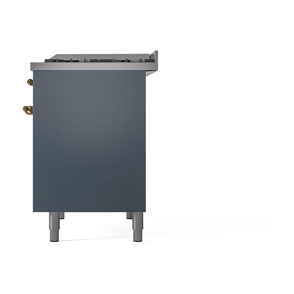 Blue-grey oven side panel with brass corner handles and four leveling feet