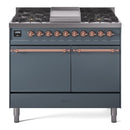 ILVE 40-Inch Nostalgie II Natural Gas Dual Fuel Range with 6 Burners, Griddle and Solid Door Oven in Blue Grey with Copper Trim (UPD40FQNMPBGP)