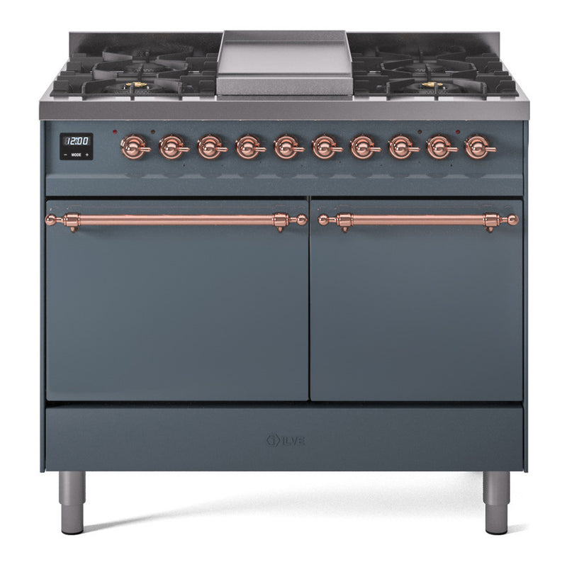 ILVE 40-Inch Nostalgie II Dual Fuel Range with 6 Burners, Griddle and Solid Door Oven in Blue Grey with Copper Trim (UPD40FQNMPBGP)