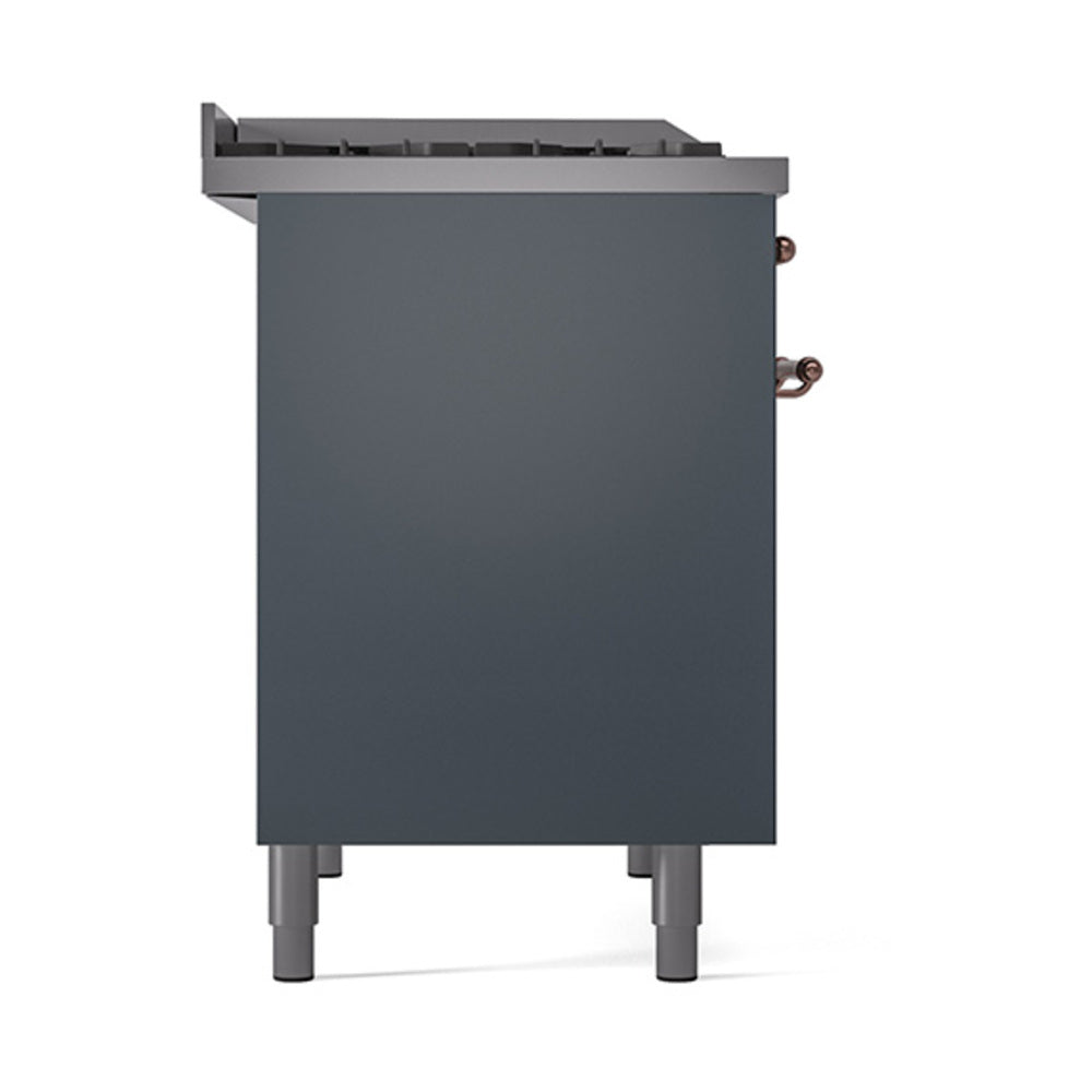 Blue-grey range end panel with copper control knob, legs and side trim