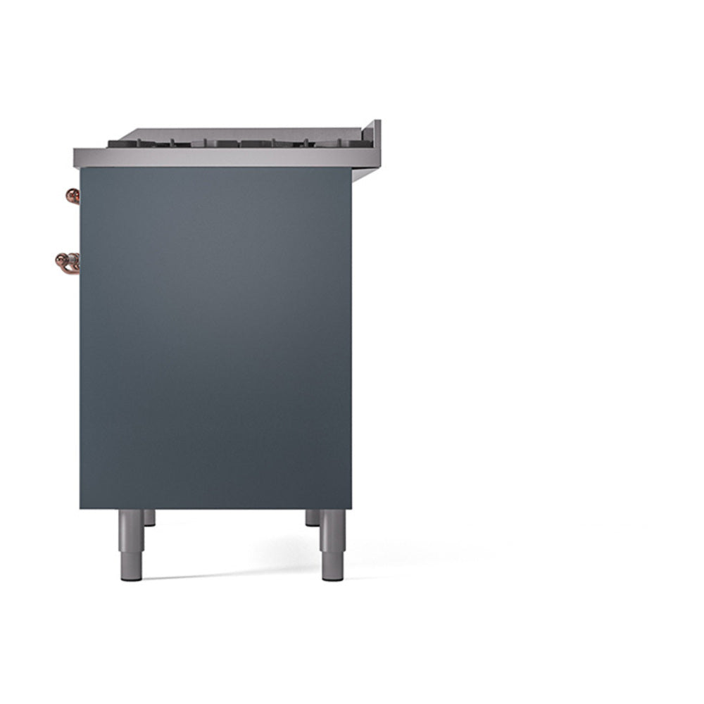 Blue-grey range side view with copper knob, rear controls, and leveling legs