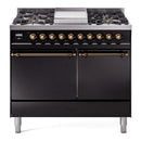 ILVE 40-Inch Nostalgie II Natural Gas Dual Fuel Range with 6 Burners, Griddle and Solid Door Oven in Glossy Black with Bronze Trim (UPD40FQNMPBKB)