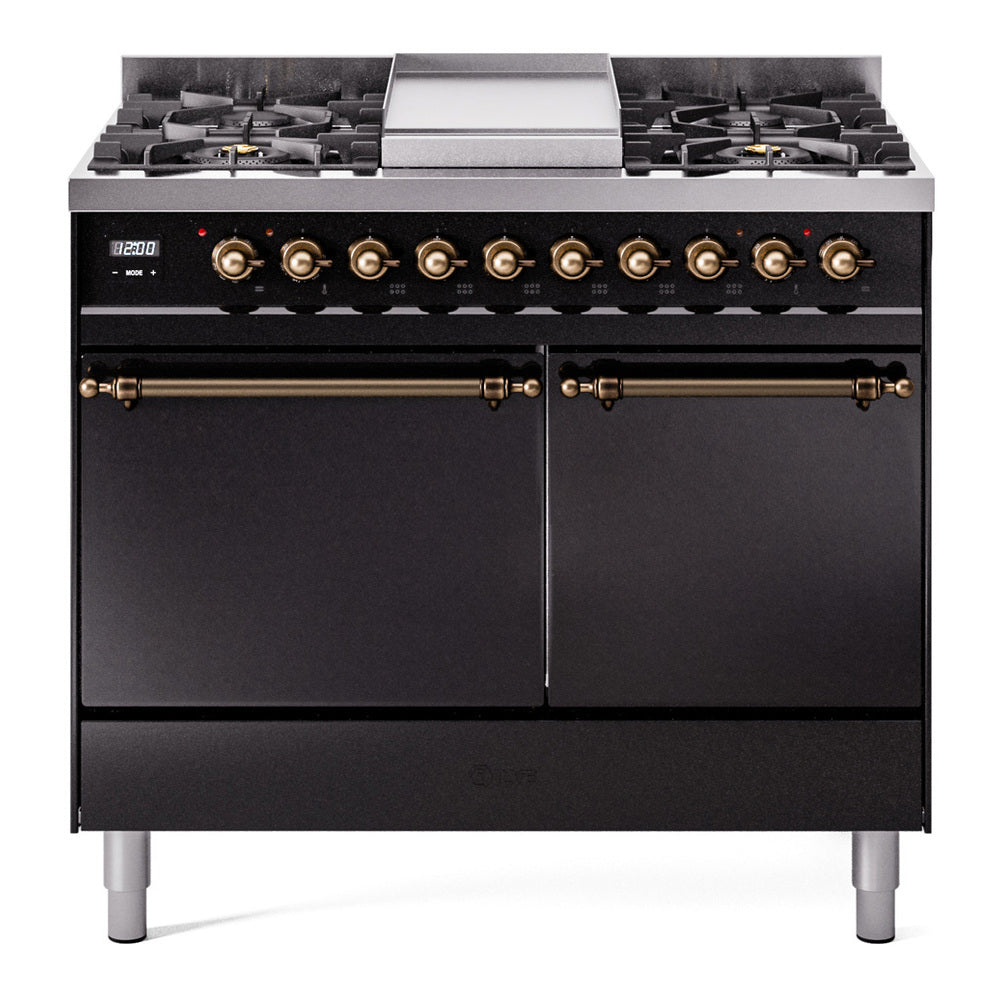 ILVE glossy black gas range with bronze-trimmed knobs, front burners, and dual solid-door ovens