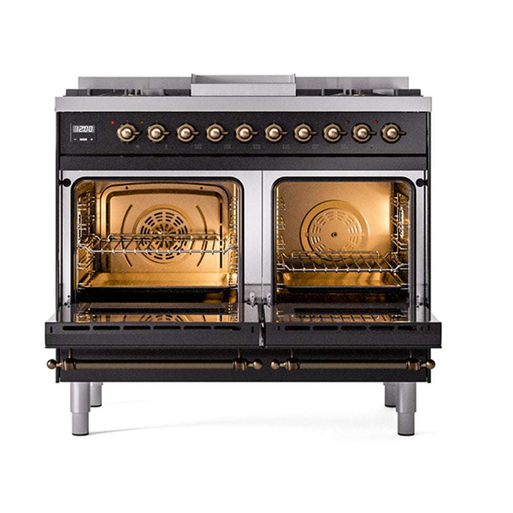ILVE glossy black dual fuel range with oven doors open, showing racks and burners