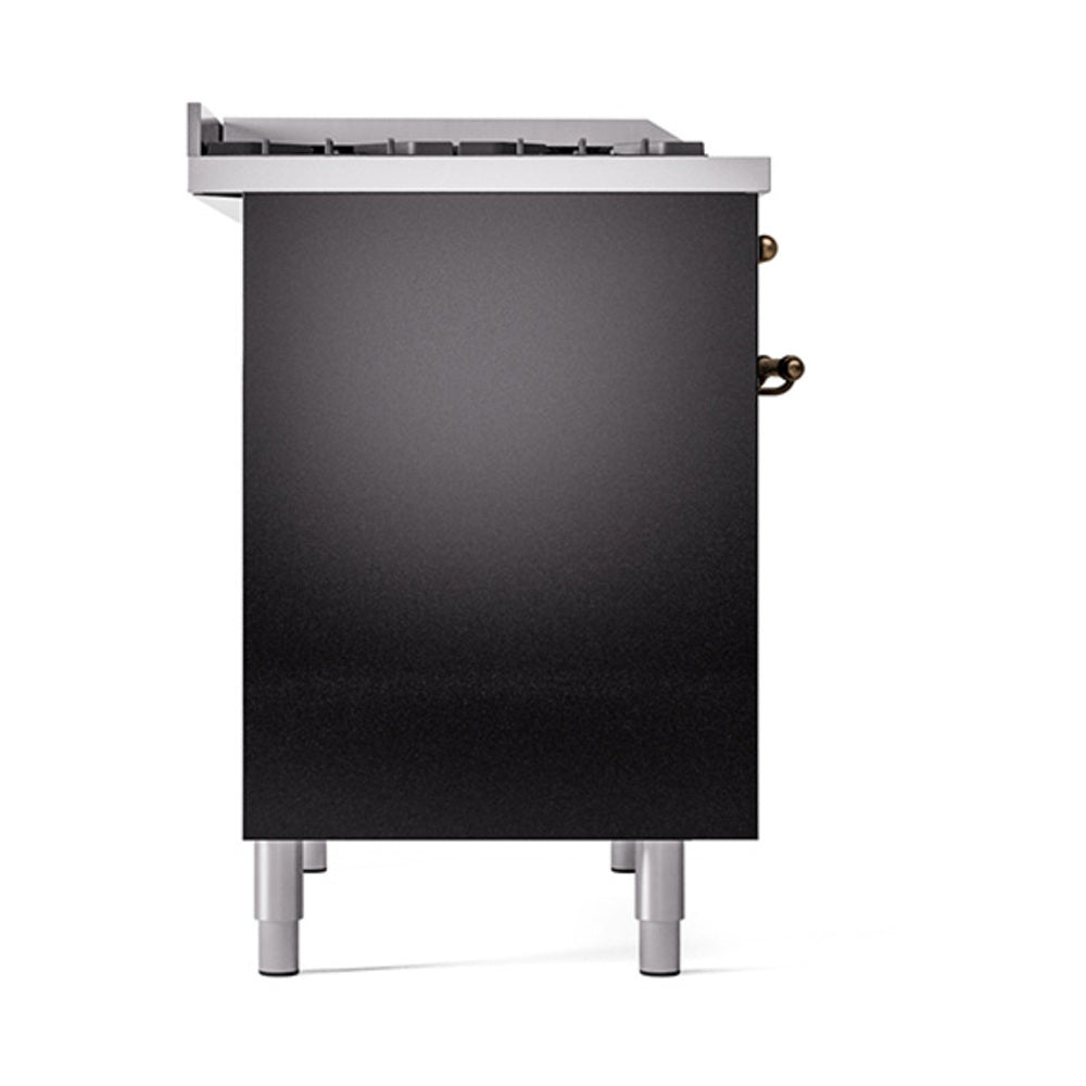 ILVE glossy black side panel of range with bronze control knobs and rear edge