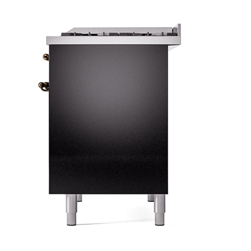 ILVE glossy black other side panel of range with bronze control knobs and rear edge