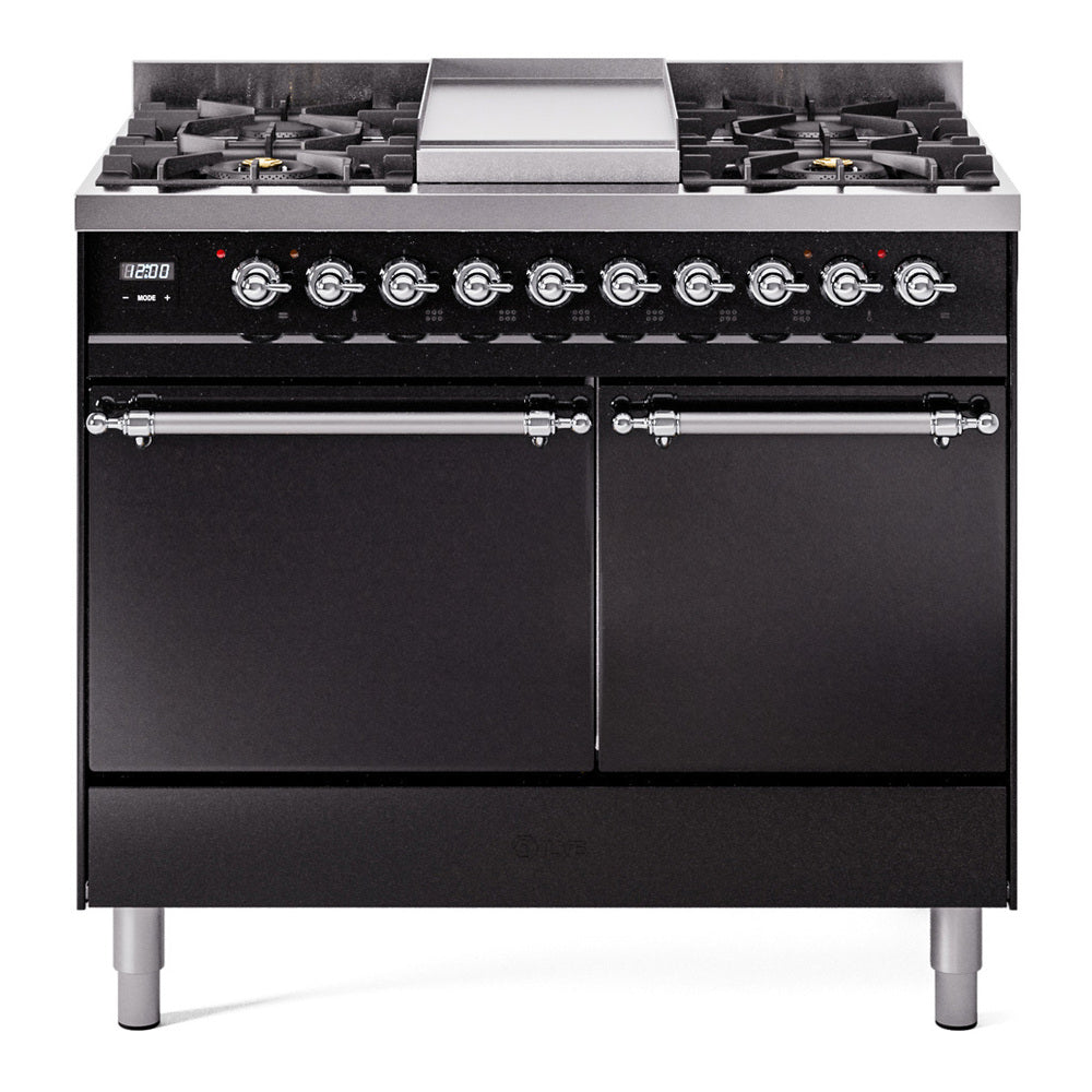 Glossy black gas range with chrome control knobs, burners and central griddle