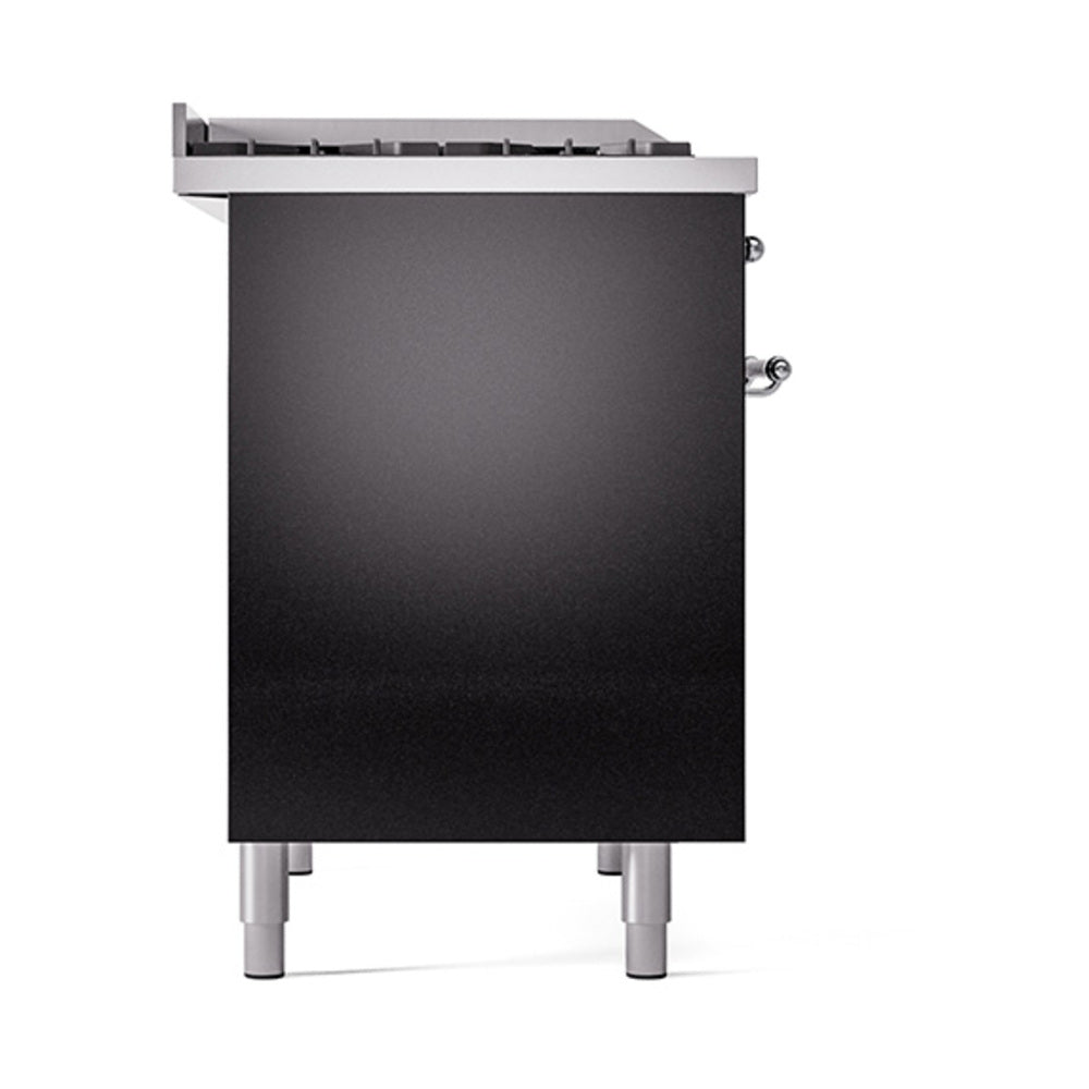 Glossy black oven door with chrome handles and top control trim